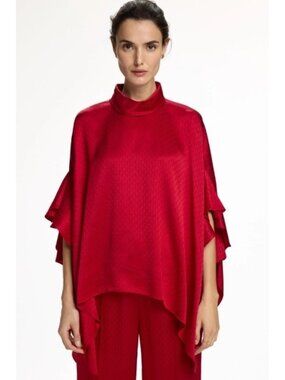 CAROLINA HERRERA CH Ruffled Jacquard Square Top Red Size Large NWT